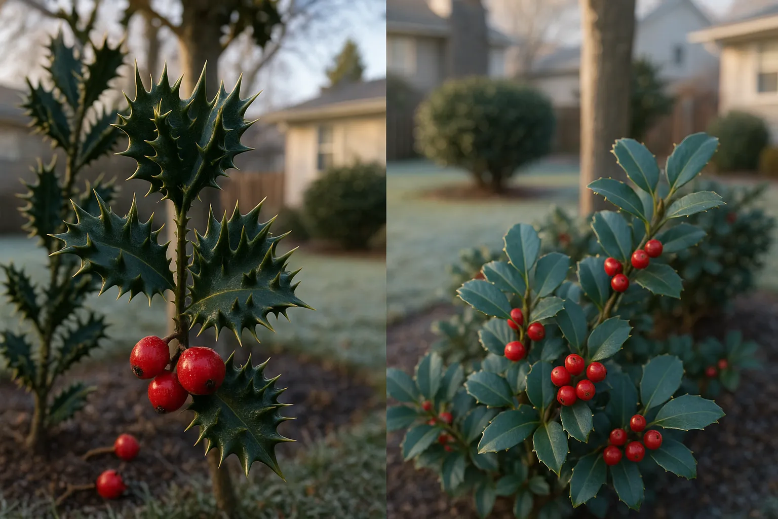 Close comparison of glossy spiny English holly leaf and smoother Meserveae leaves with berries.
