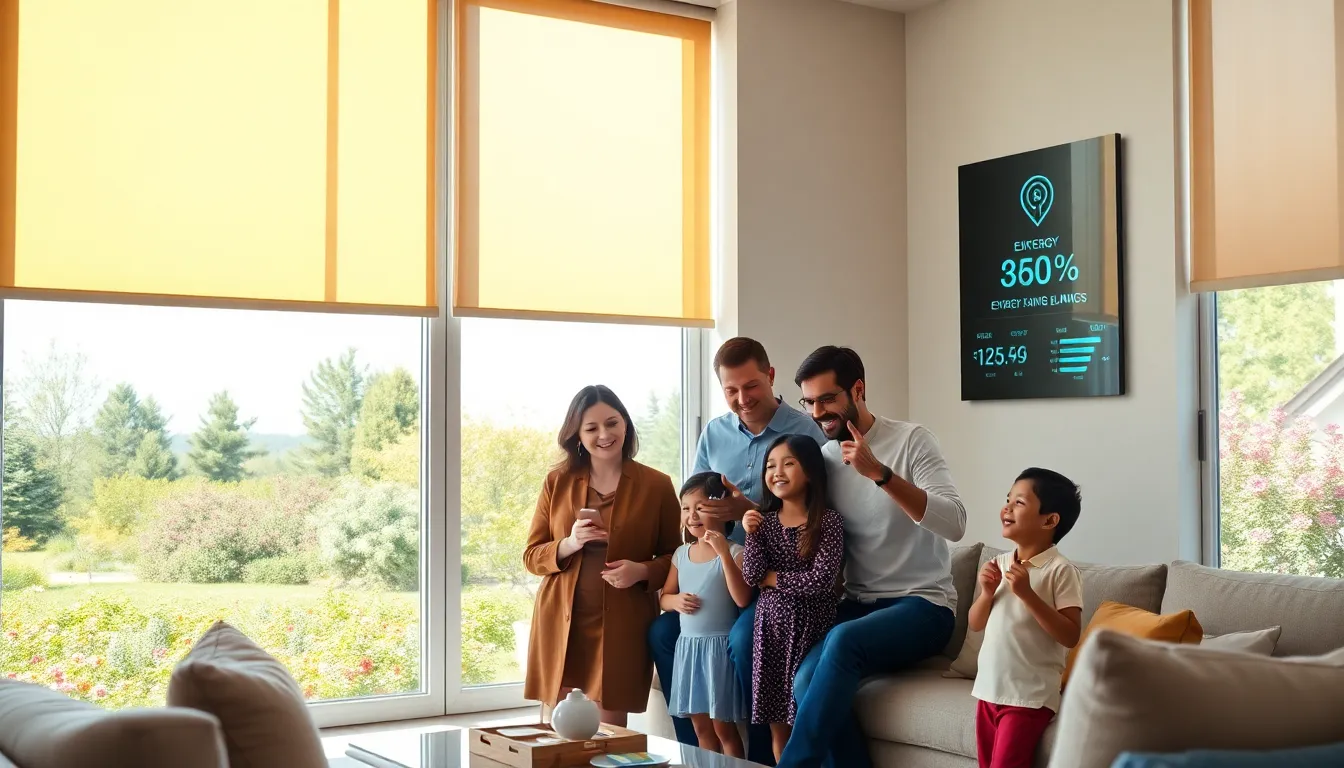 a family using a smartphone to control smart blinds in a modern living room.