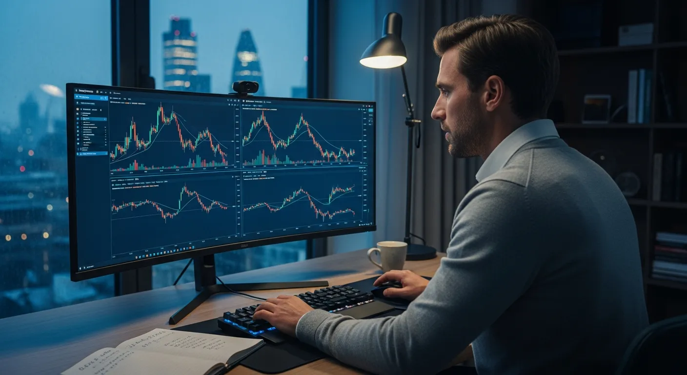 A focused trader analyzing complex financial charts on a monitor in a London apartment.