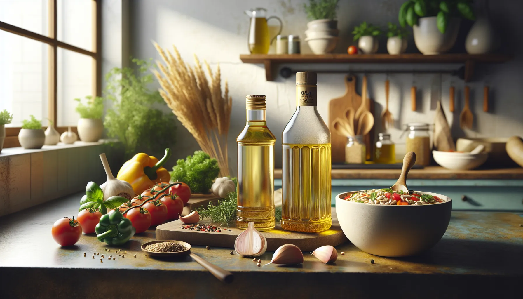 various oils and fresh ingredients on a kitchen countertop.
