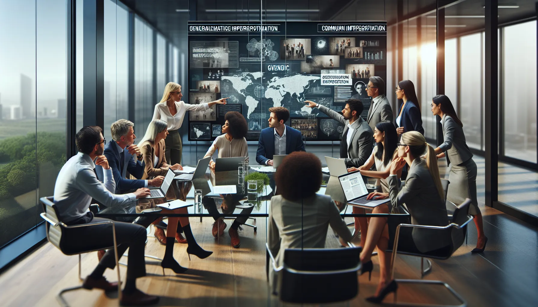 diverse professionals discussing Firqodollah in a modern office.