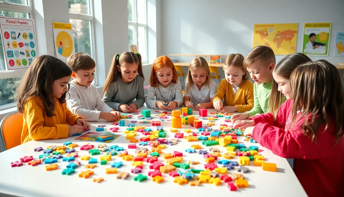 children solving puzzles in a bright classroom setting.