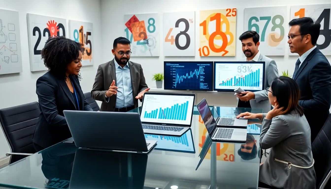 diverse professionals discussing the significance of numbers in a modern office.