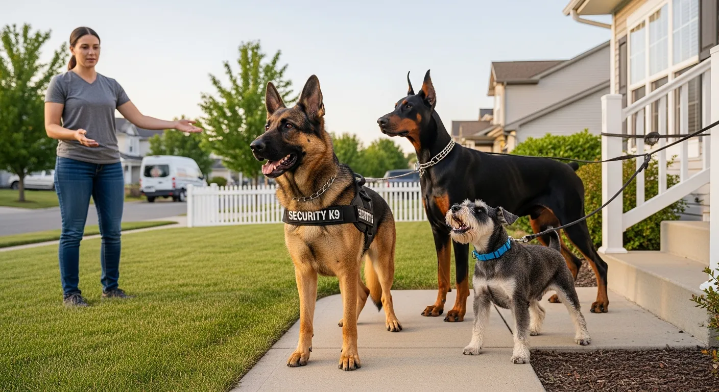 Three different dogs show security, guard, and watchdog roles in a suburban yard.