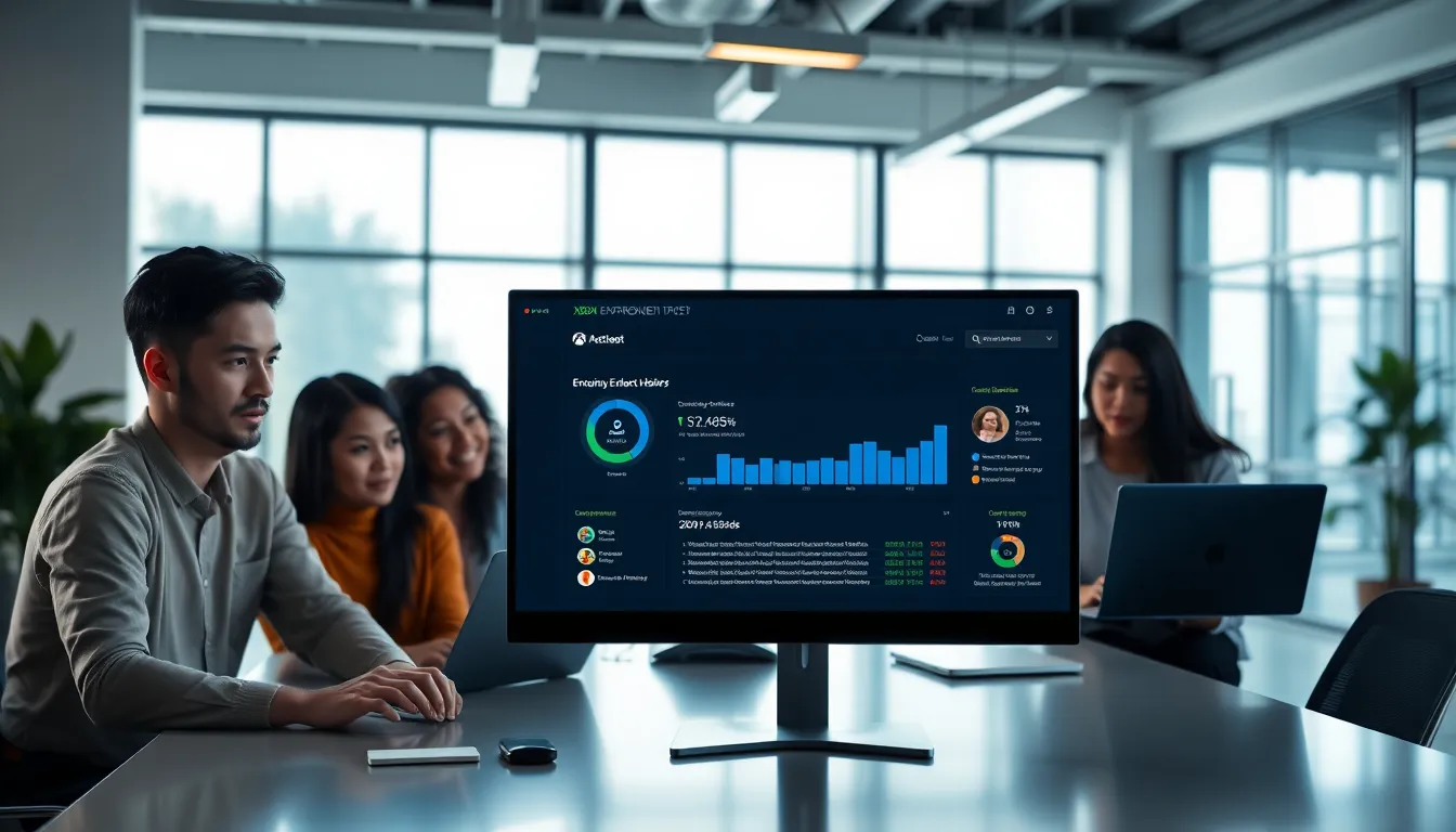 diverse gamers analyzing the Xbox Enforcement Page in a modern office.