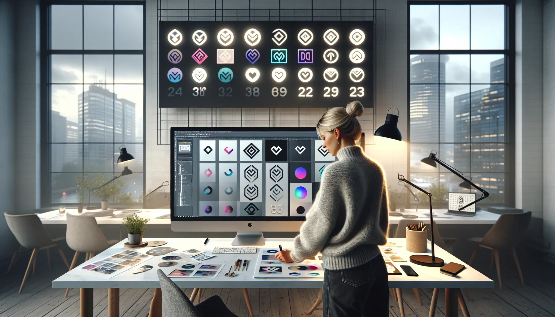 Norwegian designer comparing colorful logo variations on a screen to study color psychology.