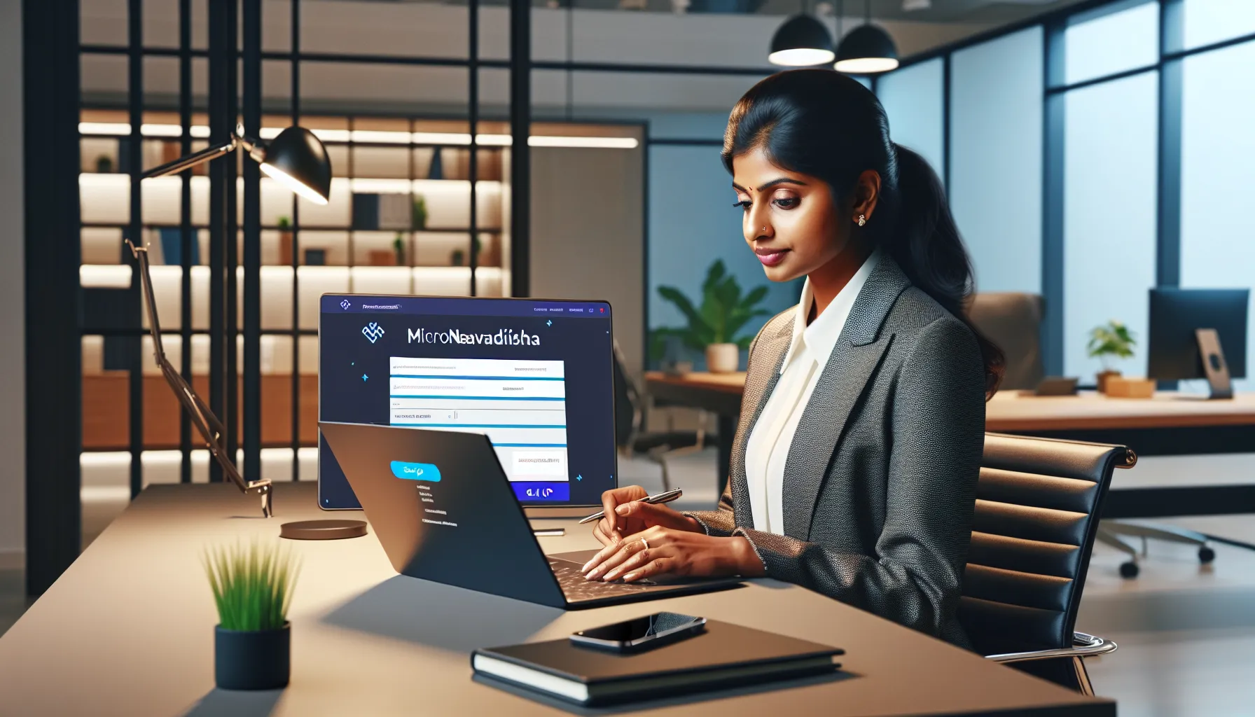 professional logging into the Micronavadisha website on a laptop.