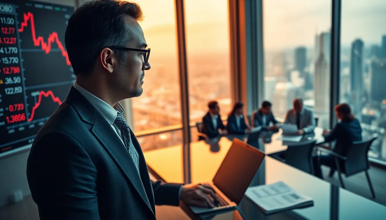 financial analyst observing stock market trends in a modern office.