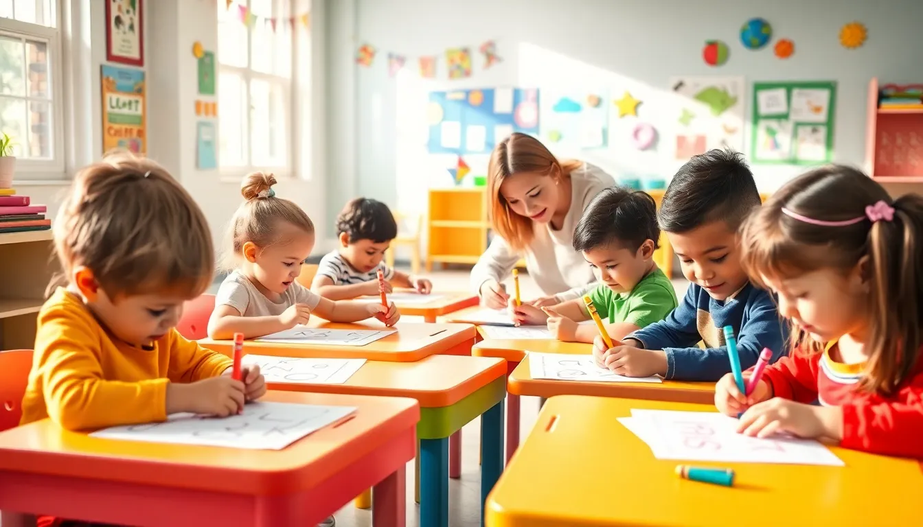 preschoolers practicing writing at colorful desks in a bright classroom.