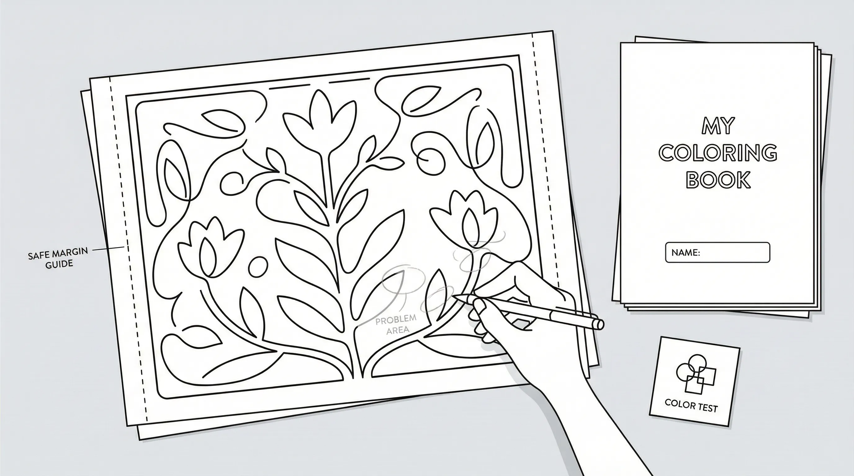 A hand reviewing a coloring book page for clean printing.