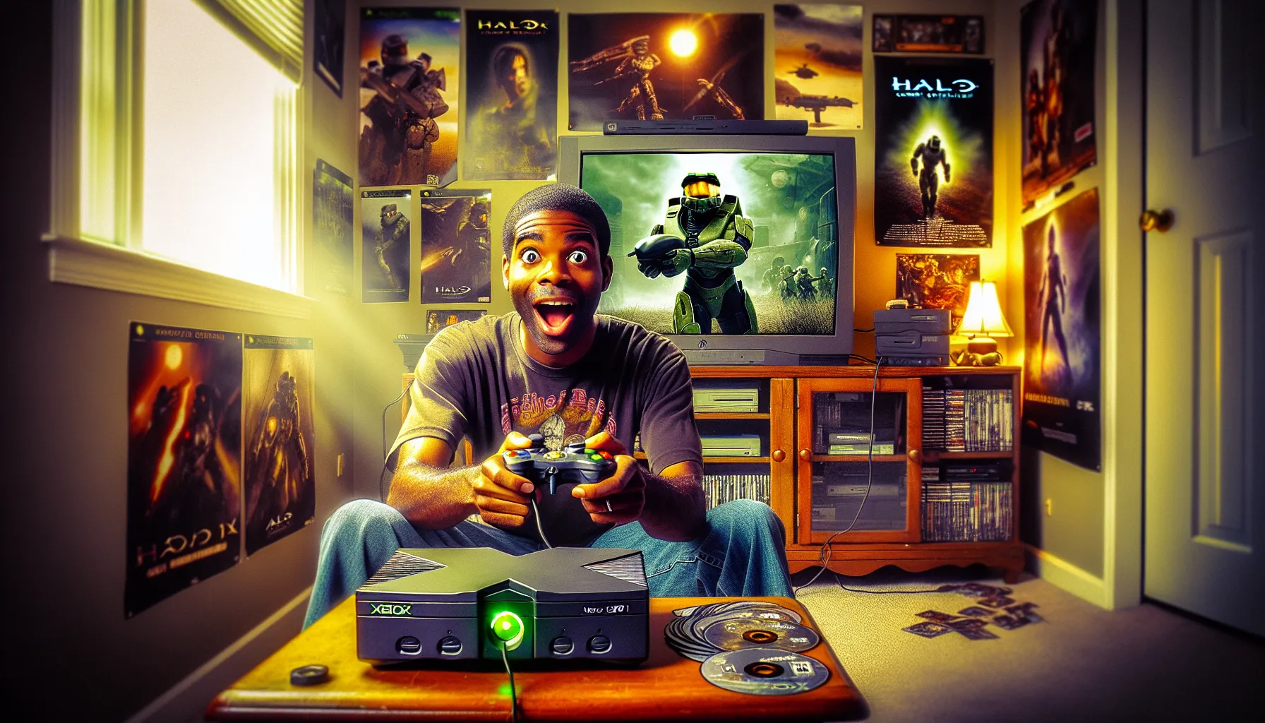 a young man excitedly prepares to play the original Xbox at home.