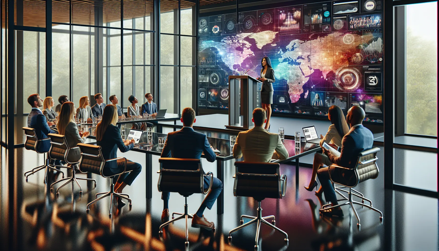 diverse professionals collaborating at a conference for TheSoundTour.