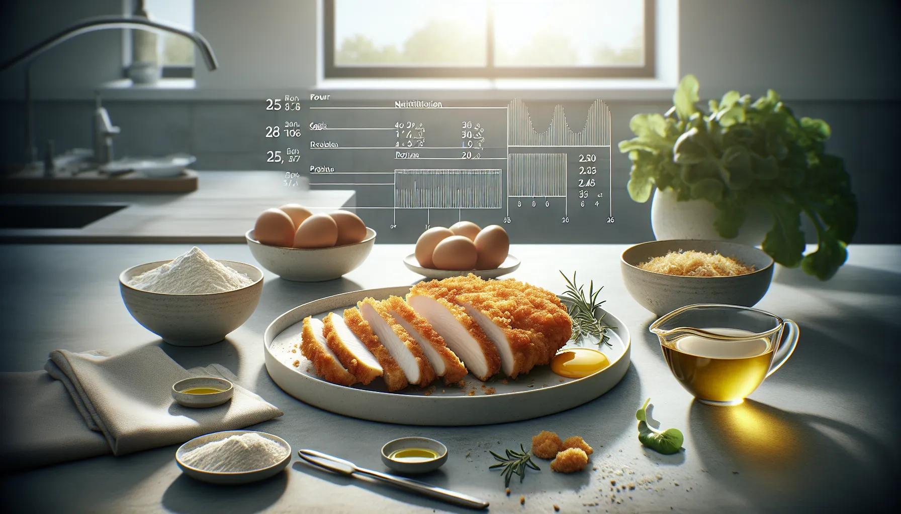 Sliced breaded chicken with ingredients and nutrition info on a modern plate.