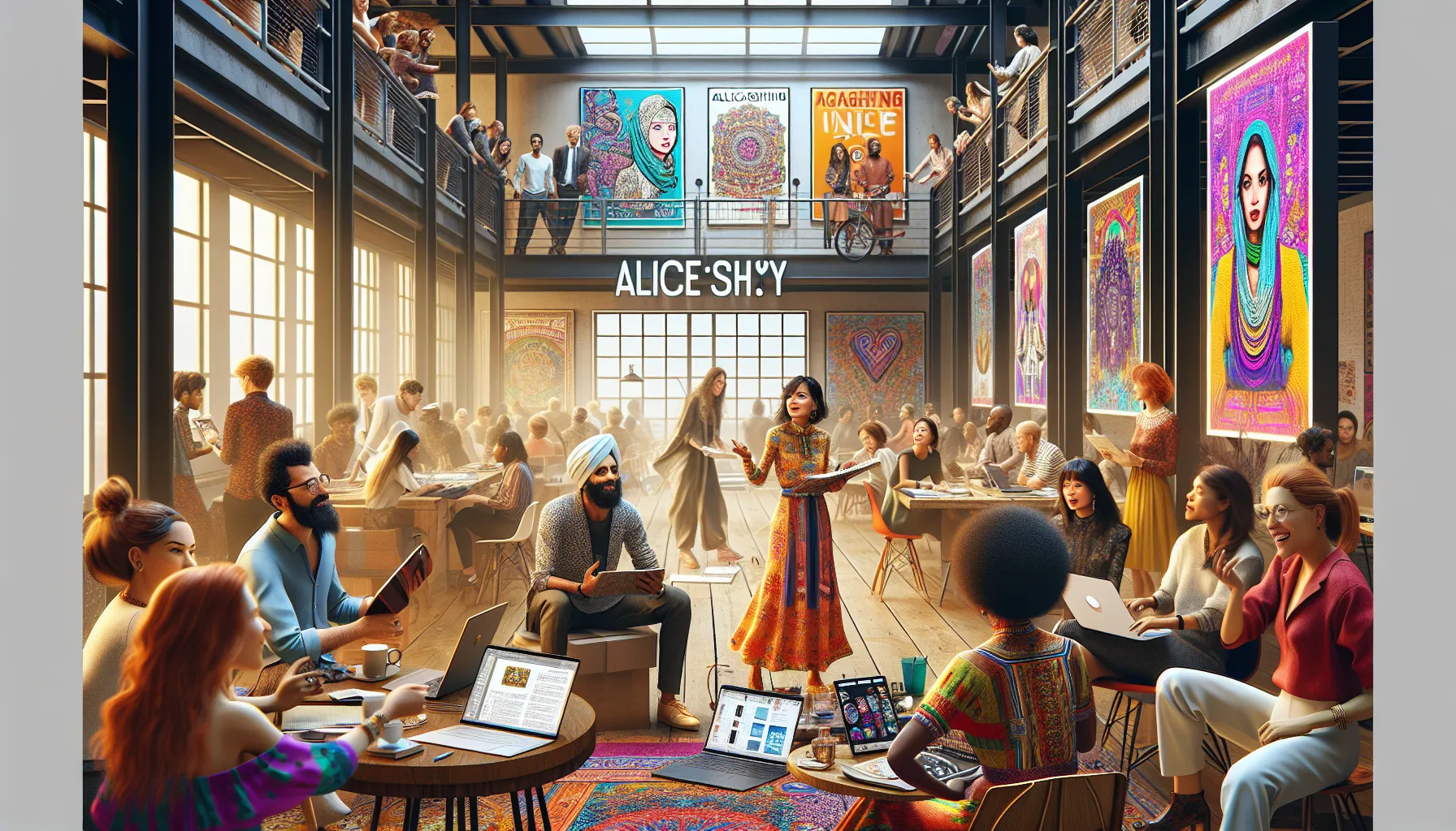 diverse group collaborating in a modern workspace about Aliceeshy.