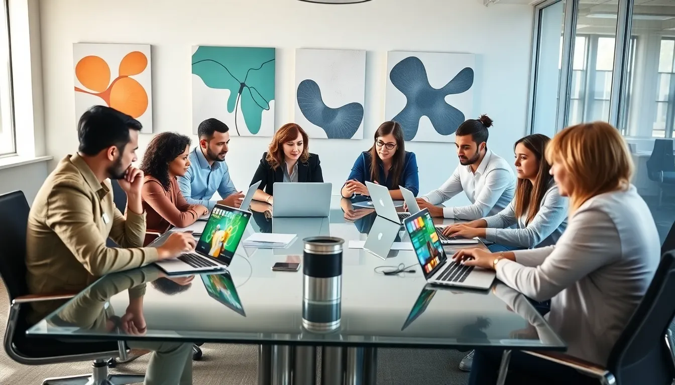 diverse team collaborating on gaming projects in a modern office.