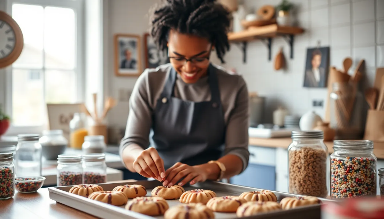 Baker decorating cookies in a warm, cozy kitchen setting.