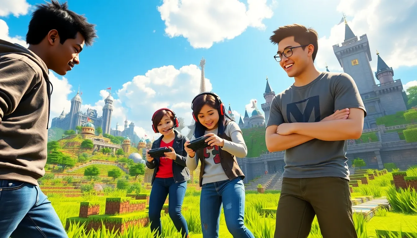 diverse players engaged in Minecraft ImagineerGames with custom builds around them.