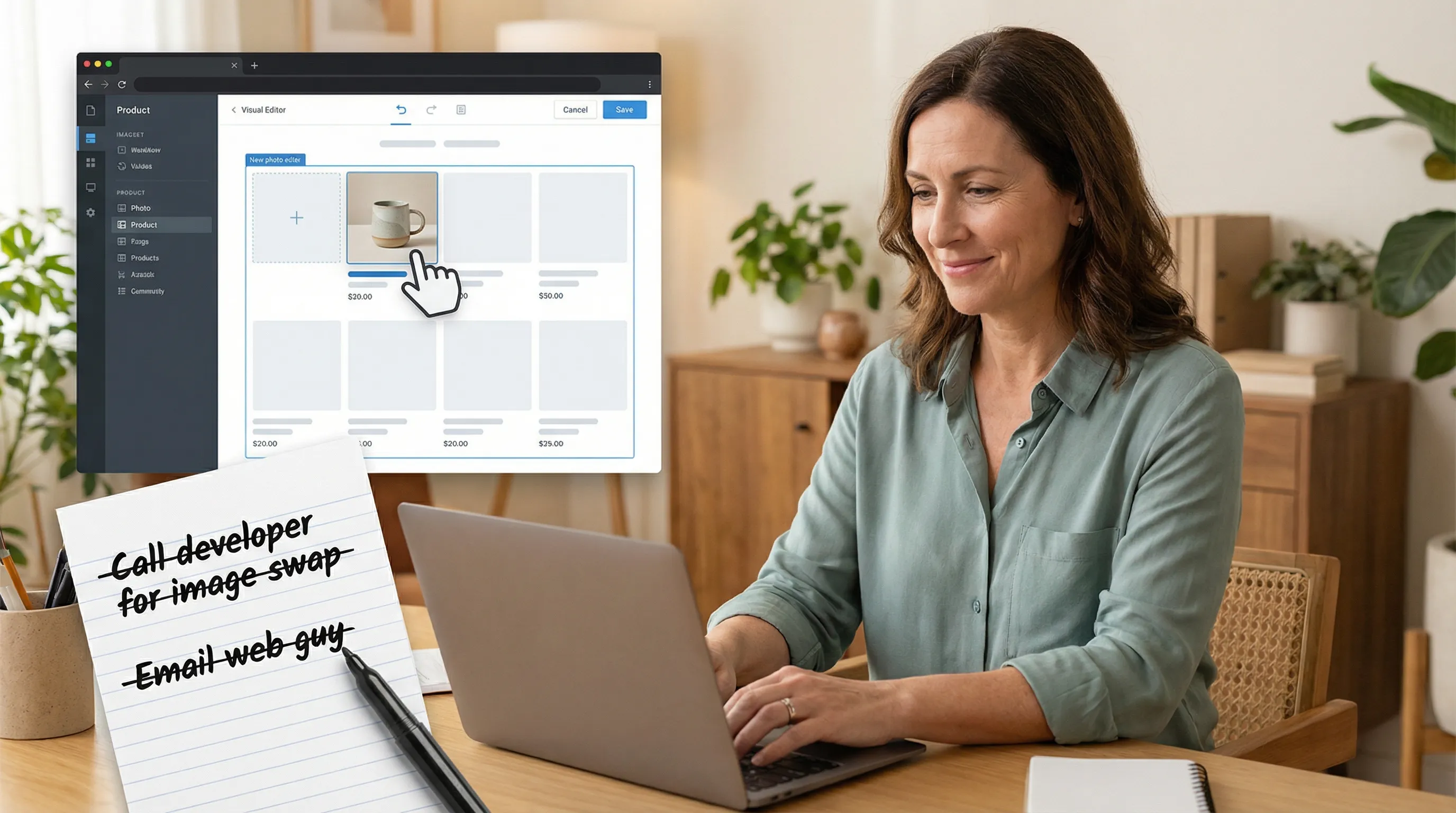 Business owner casually updating website content on a laptop in a small office without technical assistance.