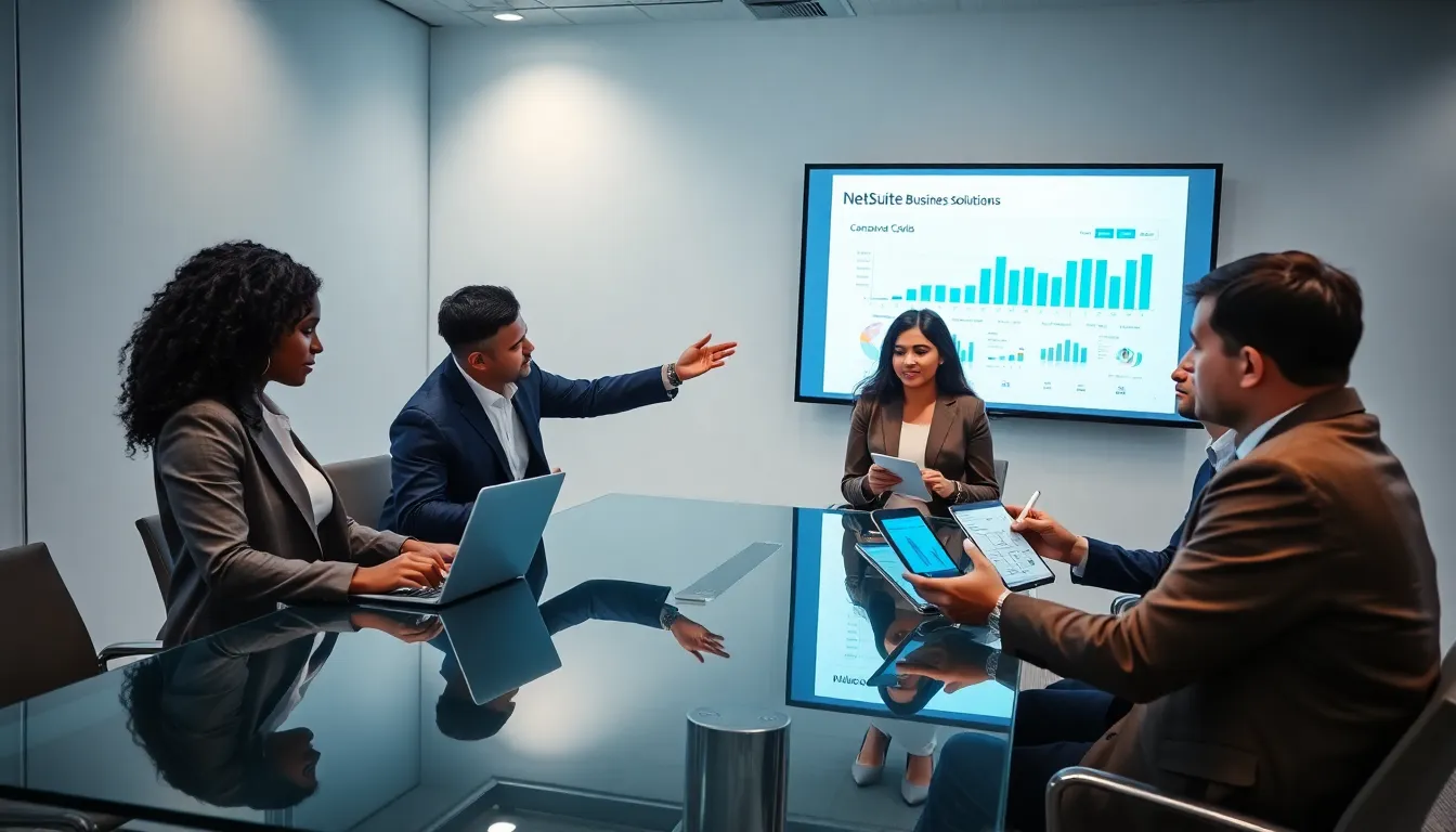 Diverse team discussing NetSuite solutions in a modern office.