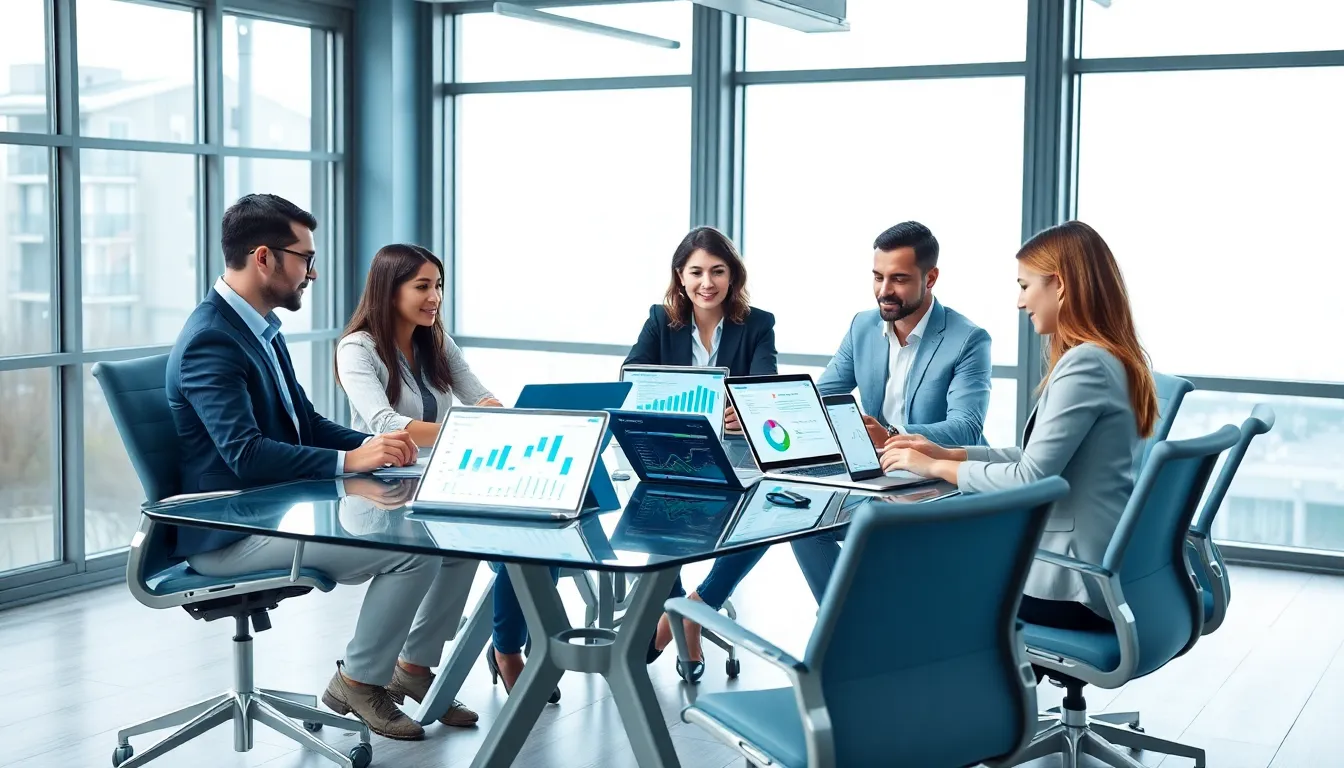 professionals collaborating on software applications in a modern office.