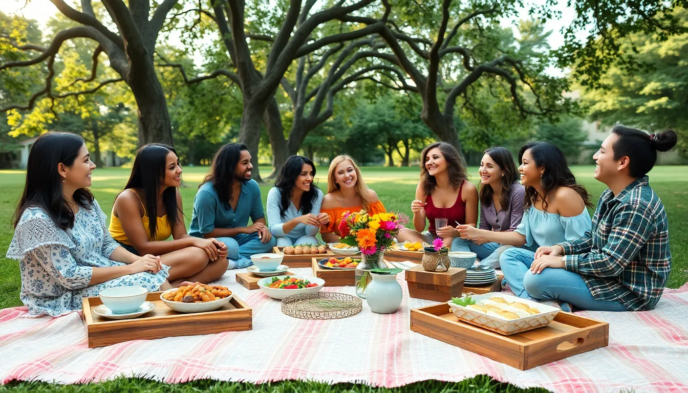 group of friends enjoying a stylish outdoor picnic.