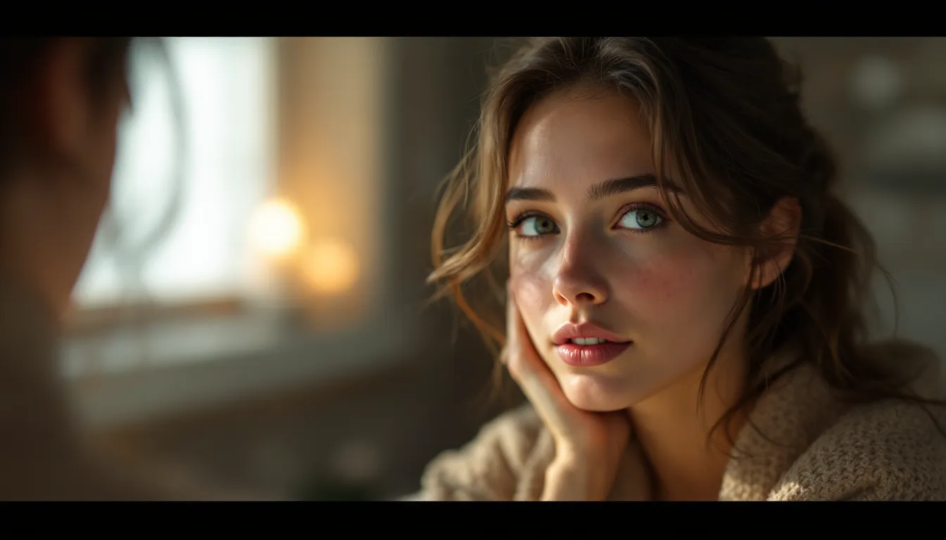 Woman gently examining hormonal breakouts along her jawline in bathroom mirror.
