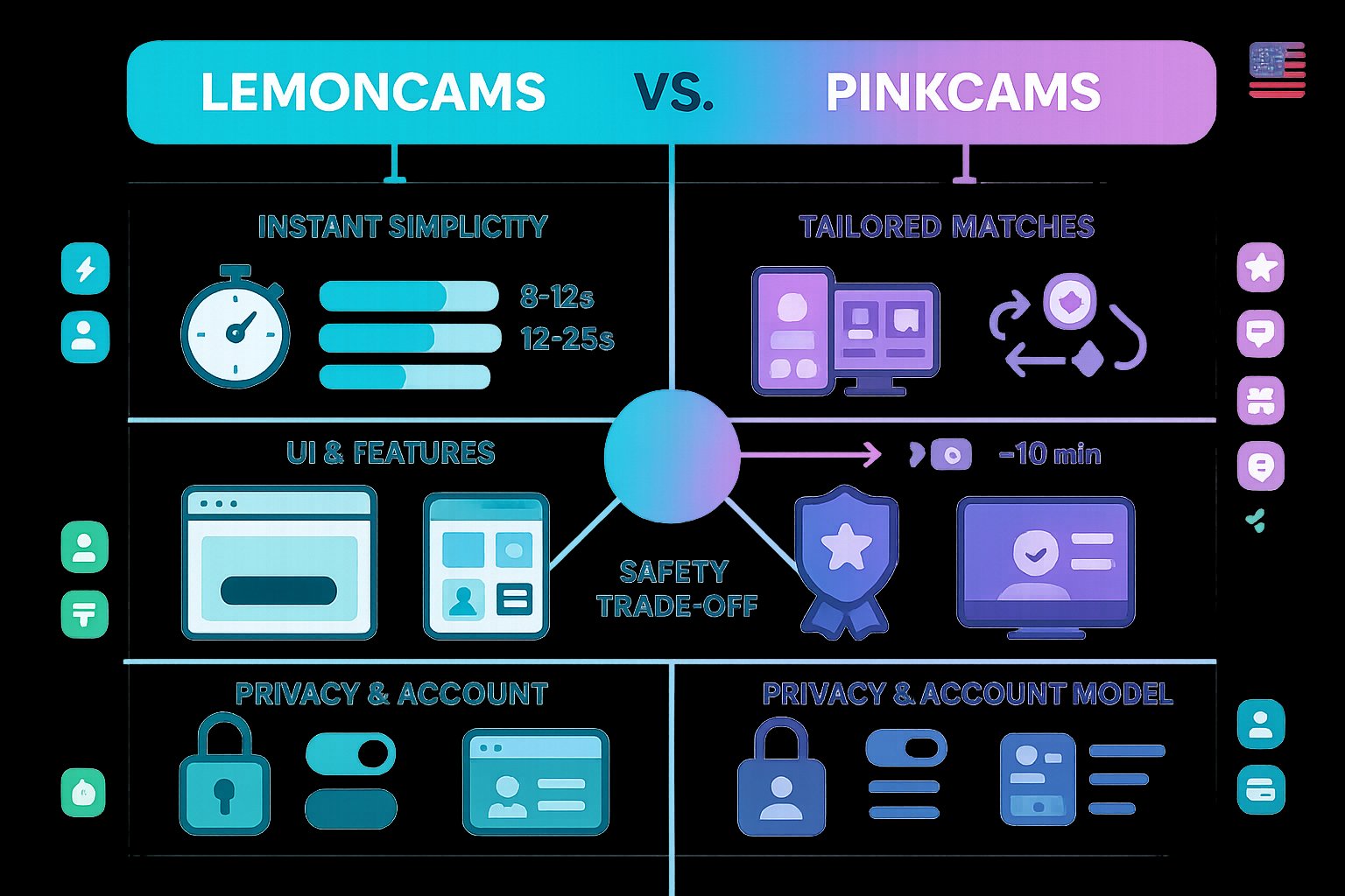Two-column infographic comparing LemonCams and PinkCams features and safety.