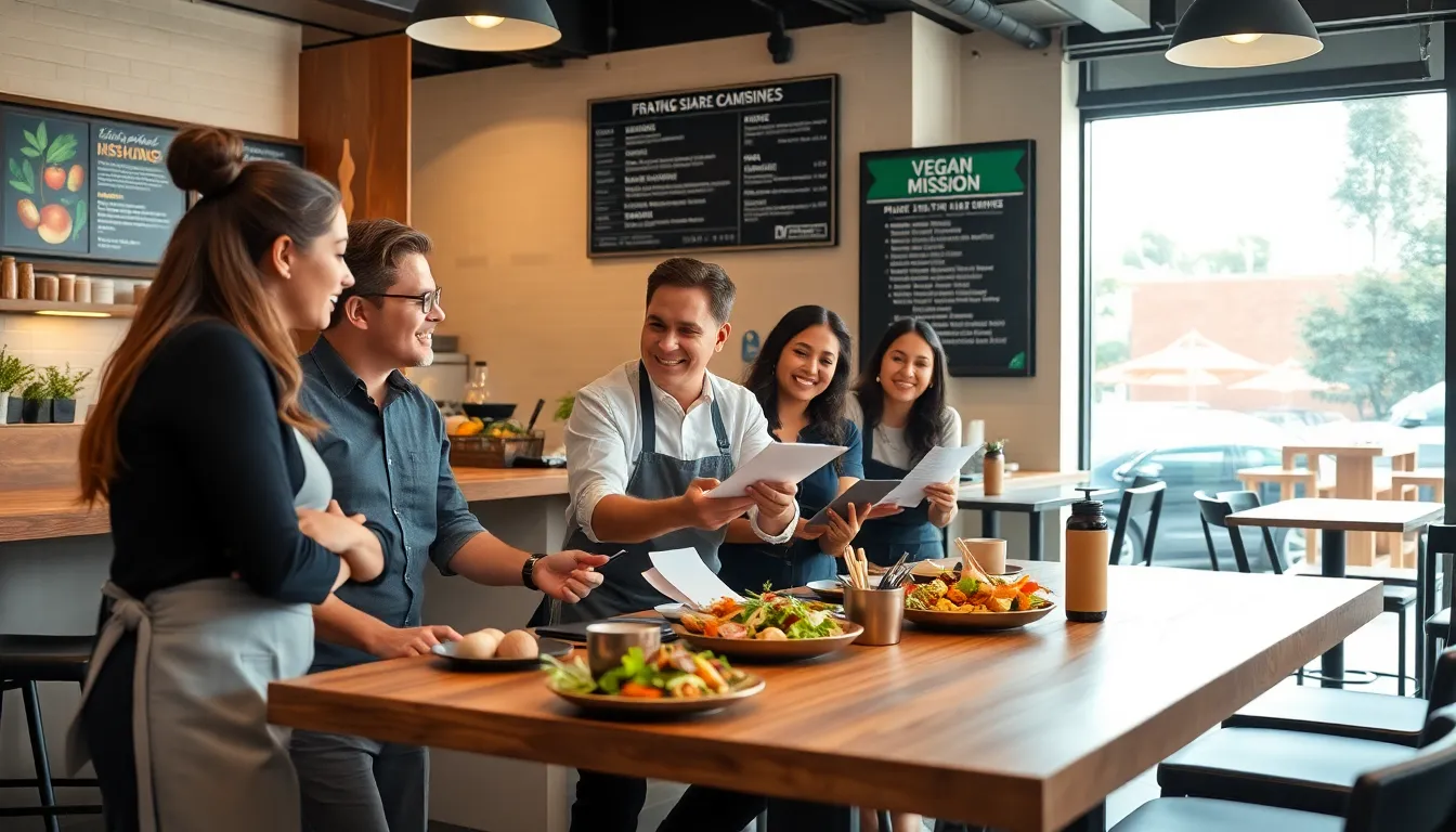 diverse restaurant team discussing their vision at a modern table.