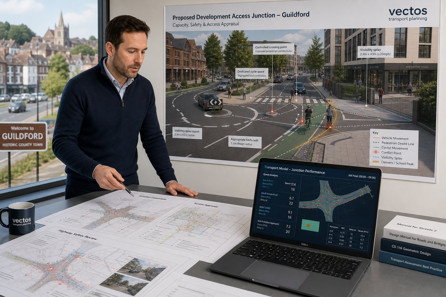 Traffic engineer reviewing junction and access safety plans in Guildford.