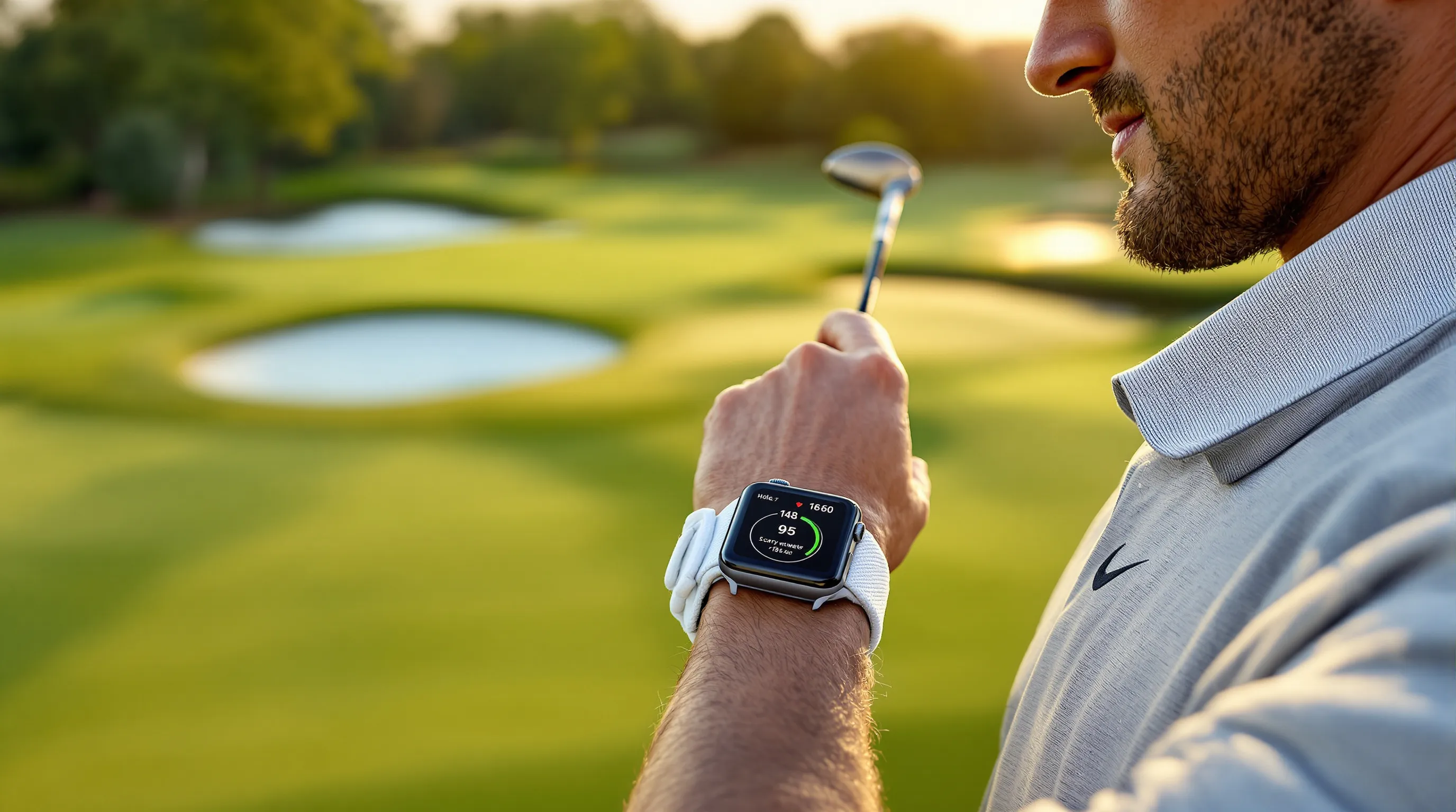 Golfer checks Apple Watch golf GPS for yardages and hazards mid-fairway.