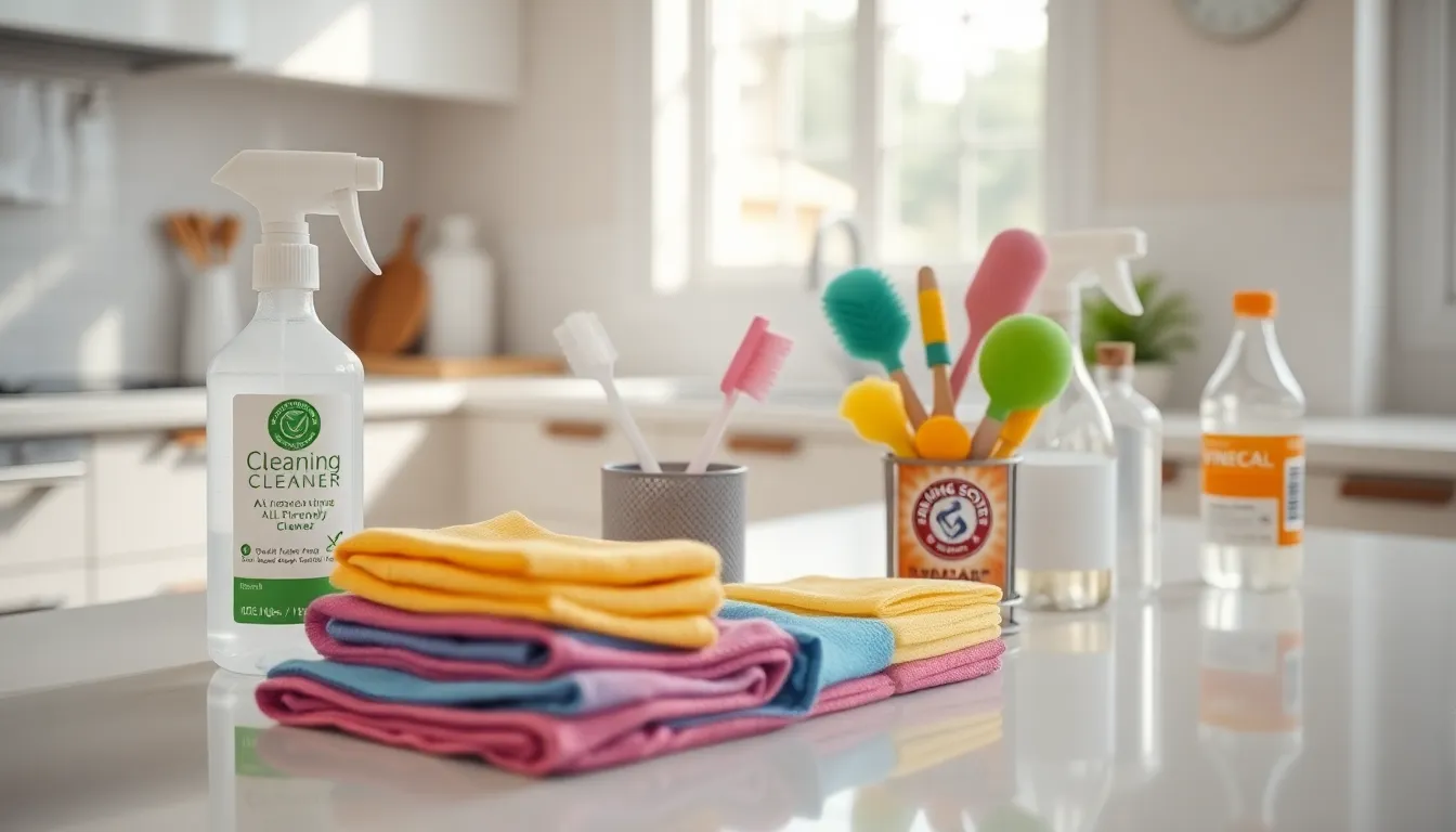 organized cleaning supplies on a kitchen countertop.