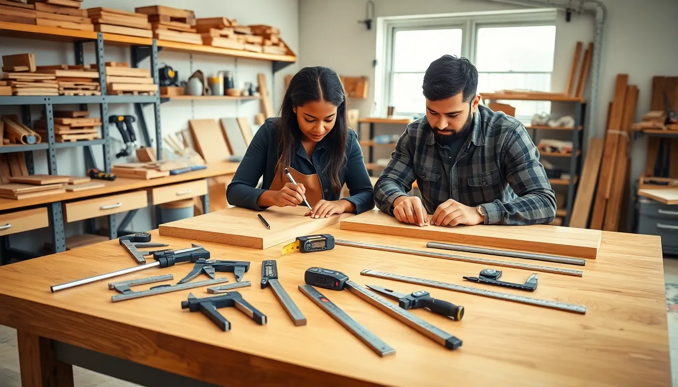 professionals using measuring tools in a workshop setting.