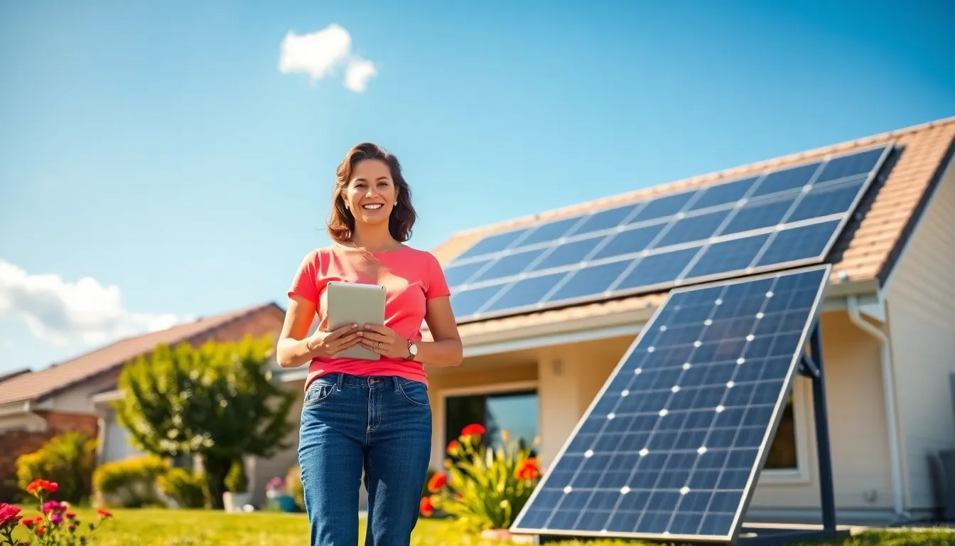 A woman stands next to solar panels on a suburban home, using a tablet.
