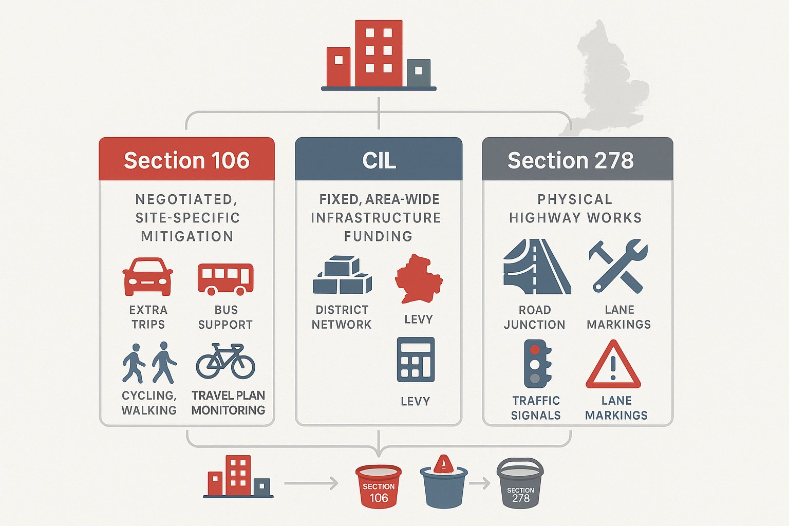 Comparison infographic of Section 106, CIL, and Section 278 in the UK.