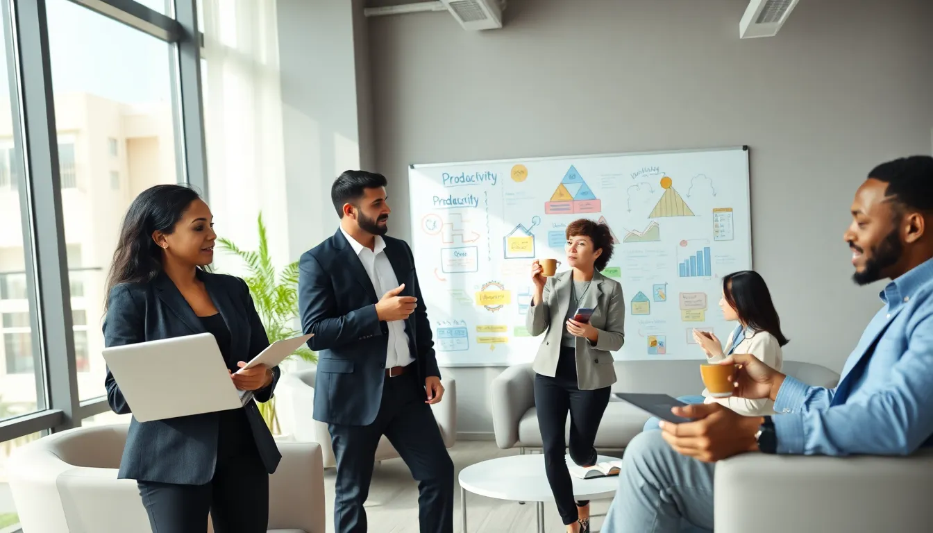 diverse team collaborating in a modern office on productivity strategies.