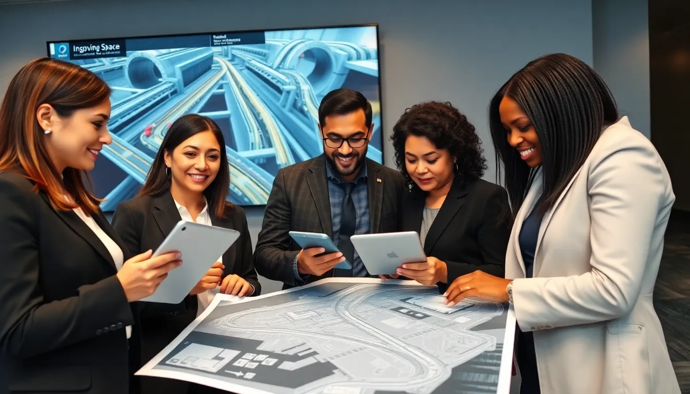engineering team discussing tunnelling and underground technology in a modern office.