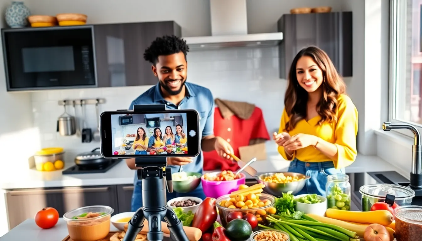 diverse group cooking together in a modern kitchen for a TikTok video.