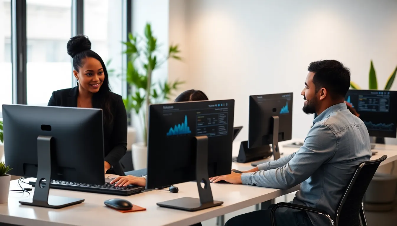 diverse professionals in a modern office focused on cybersecurity training.