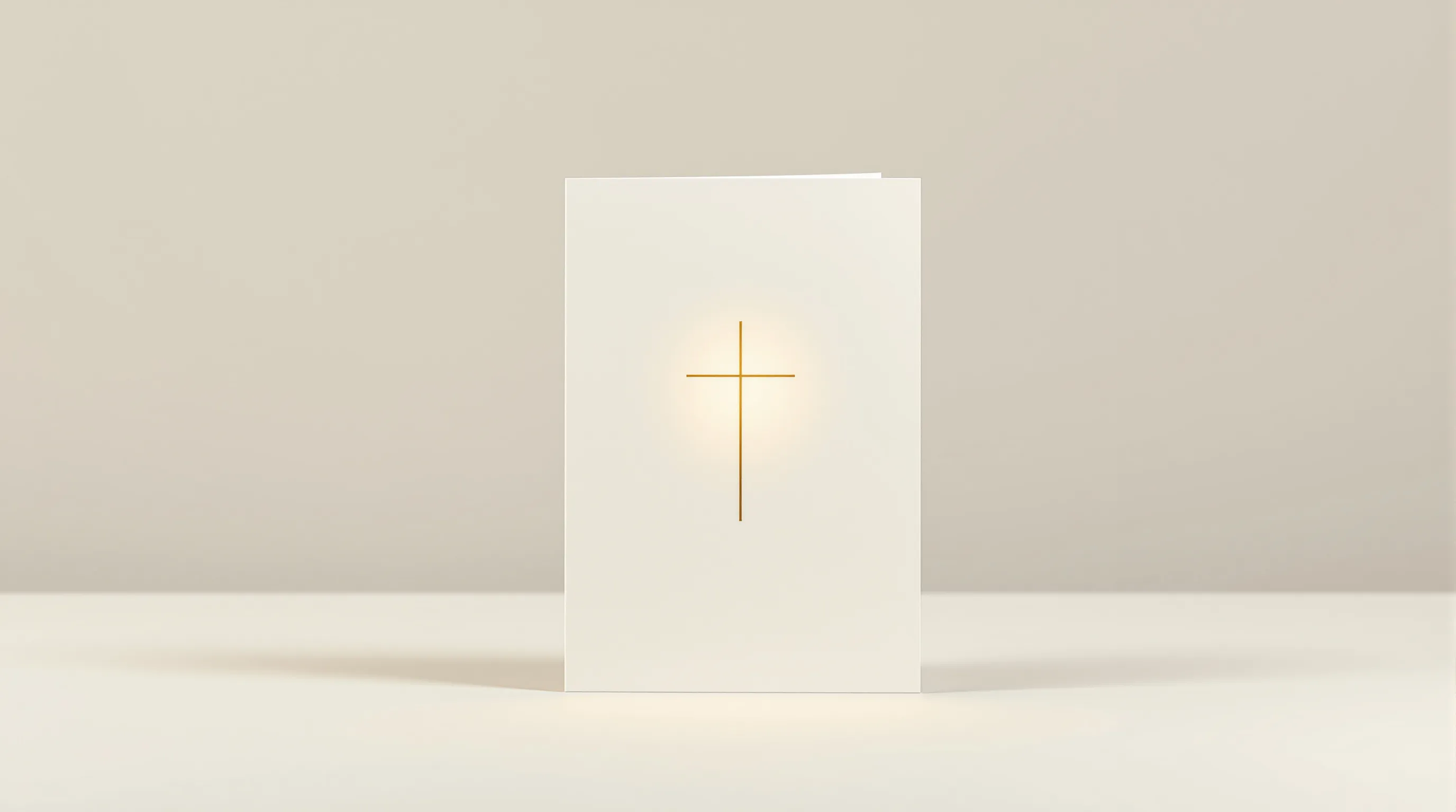 Minimalist birthday card with cross symbol and pen on white background.