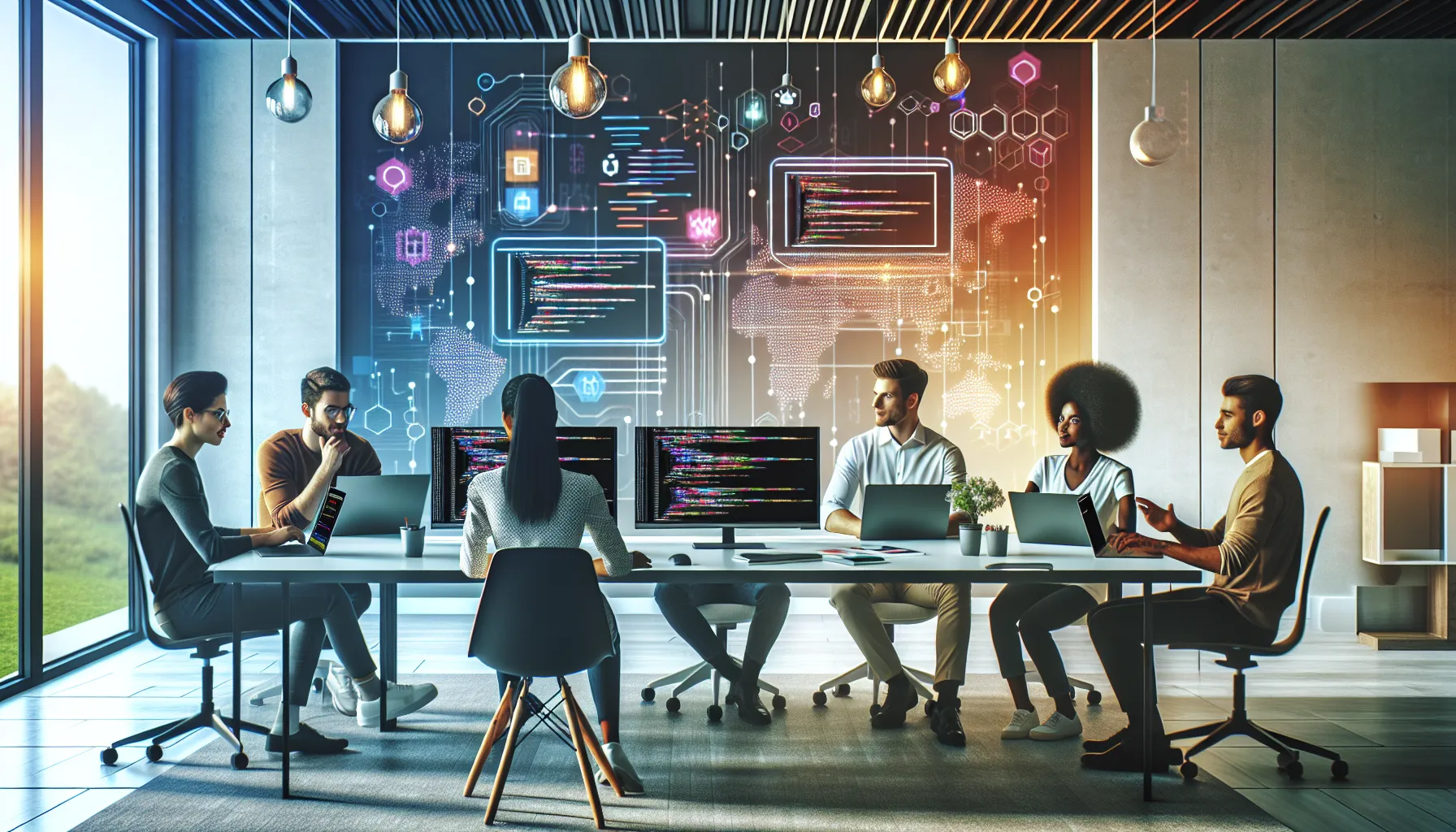diverse team collaborating in a modern office using coding software.