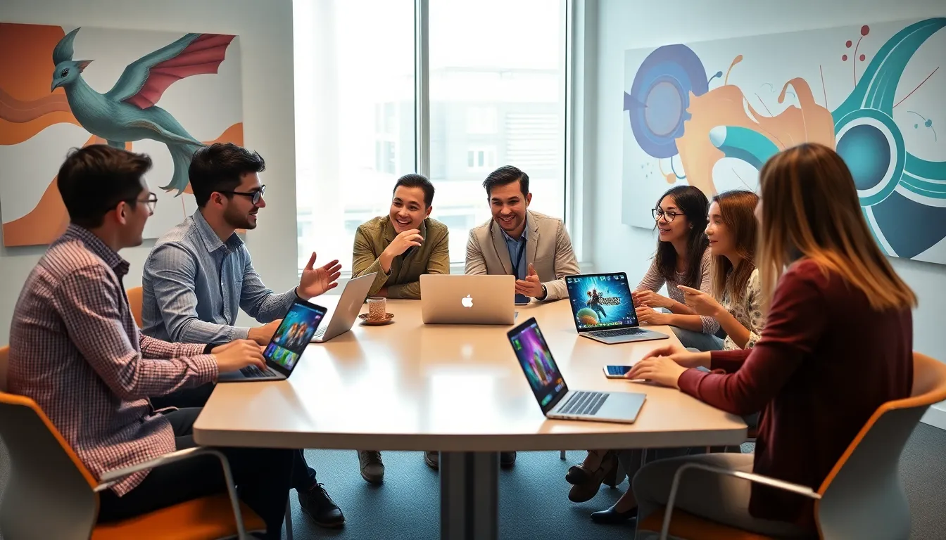 diverse professionals discussing gaming trends in a modern office.