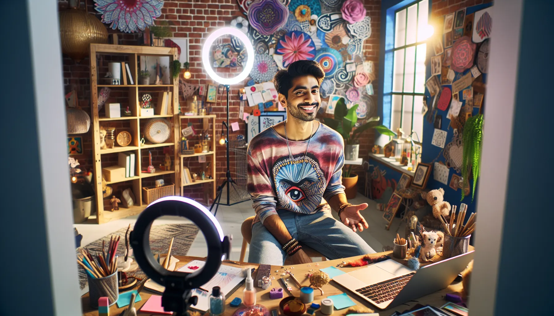 TheRealHarbir recording a humorous video in a colorful home office.