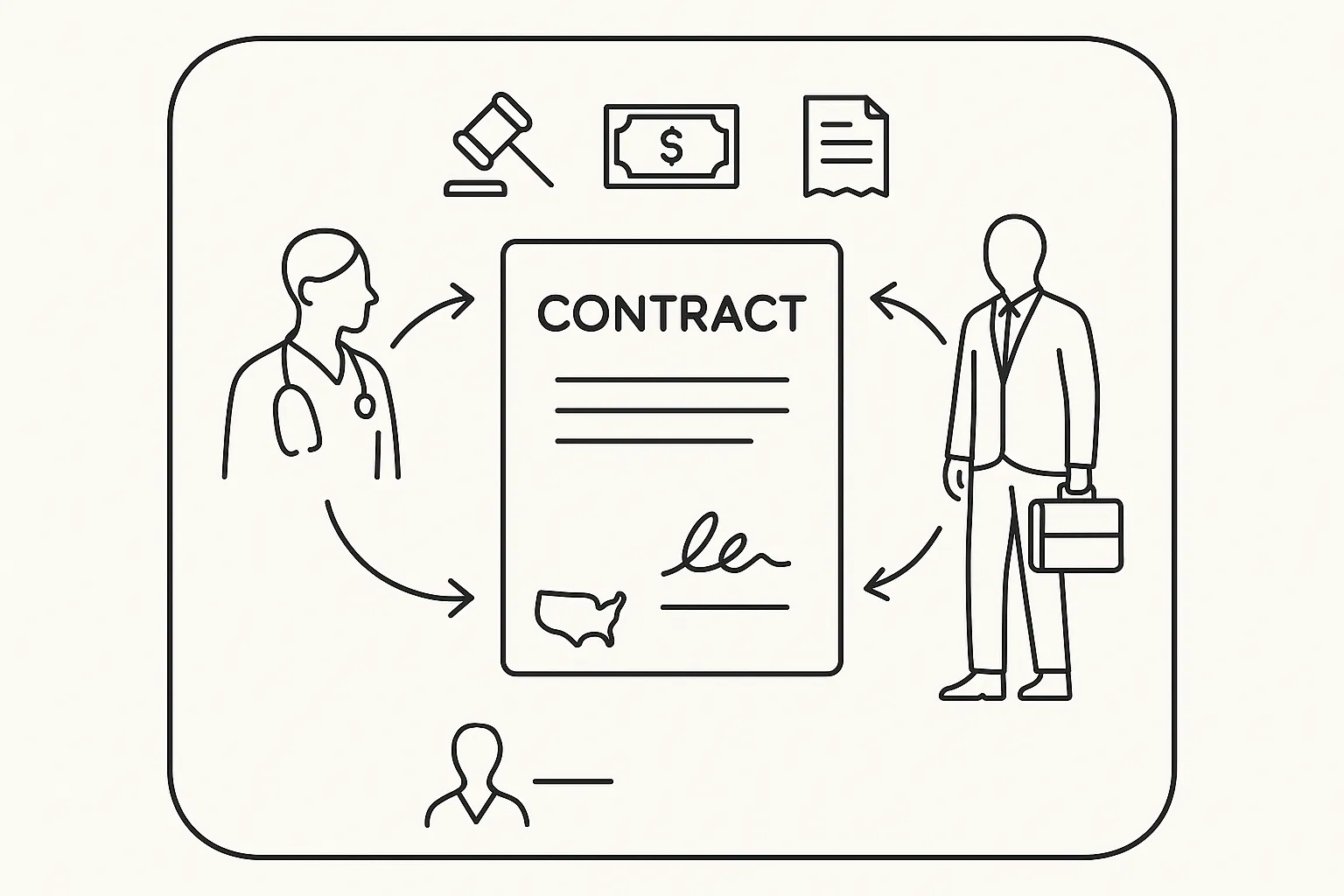 Line art of PA and employer with contract, arrows, gavel, money, and invoice icons.