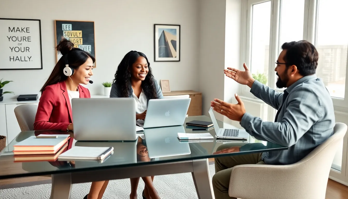 diverse professionals collaborating in a modern home office.