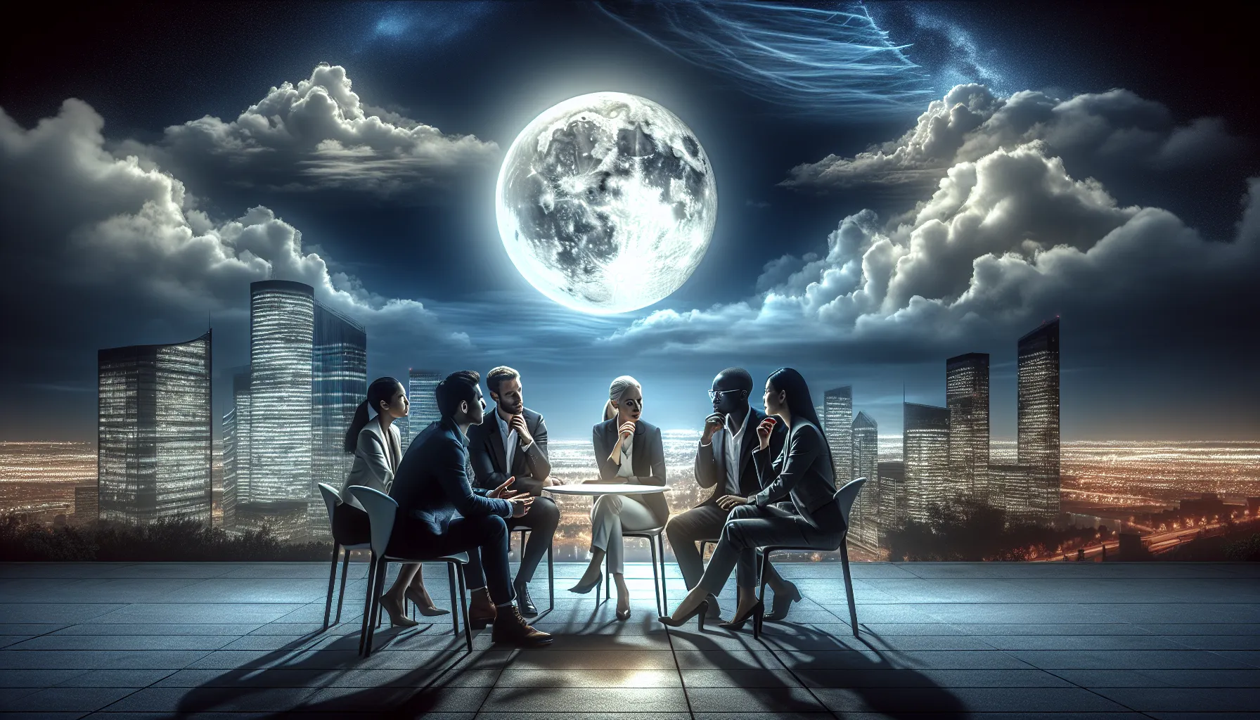 a diverse group discussing under a glowing full moon in an urban setting.