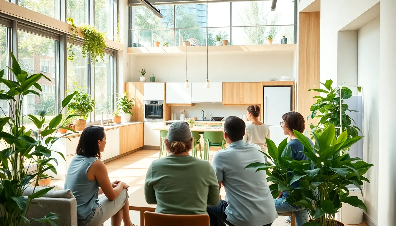 diverse residents collaborating in a sustainable apartment setting.