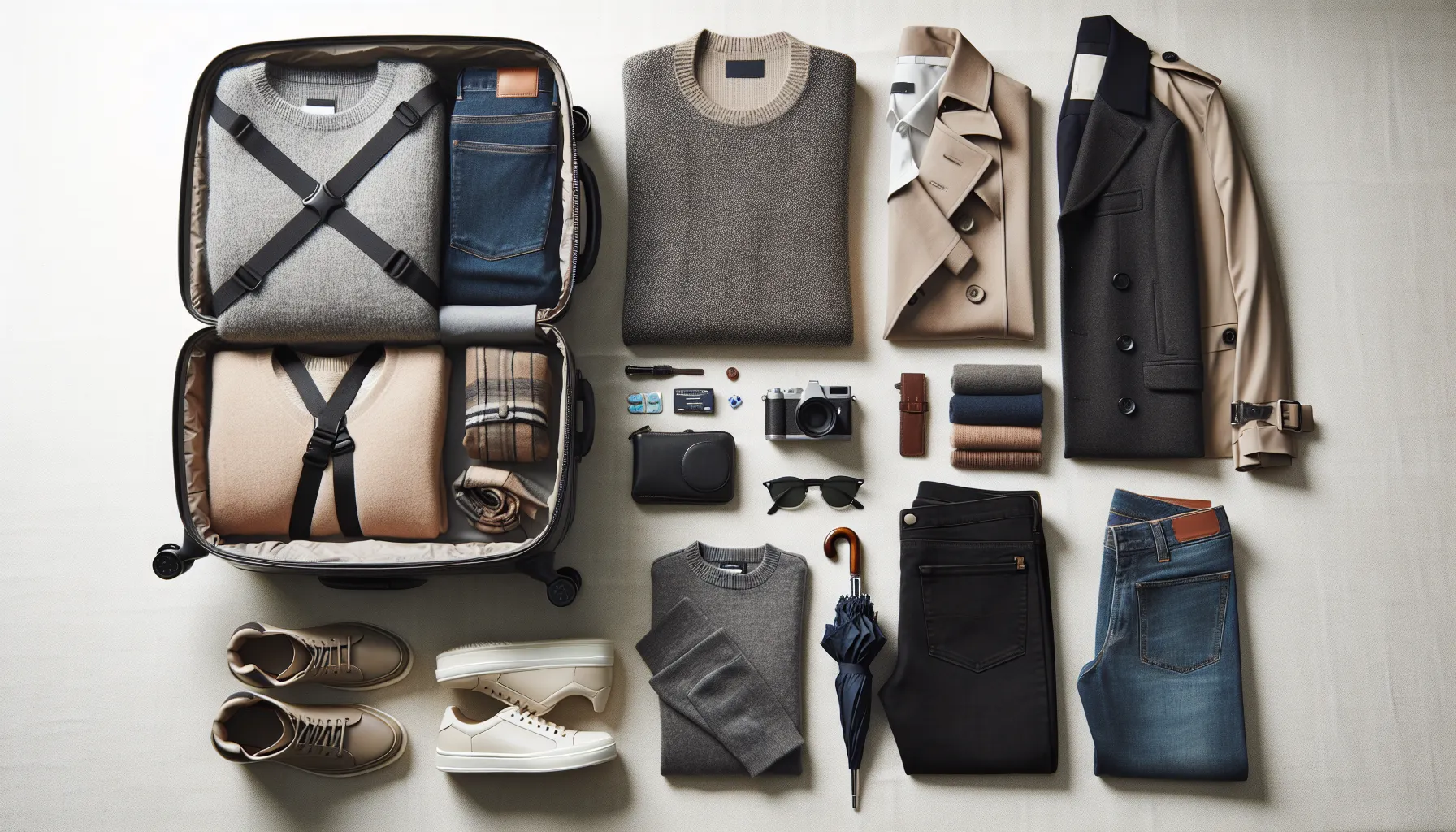 Flat lay of stylish fall weekend packing essentials for a Monaco trip.