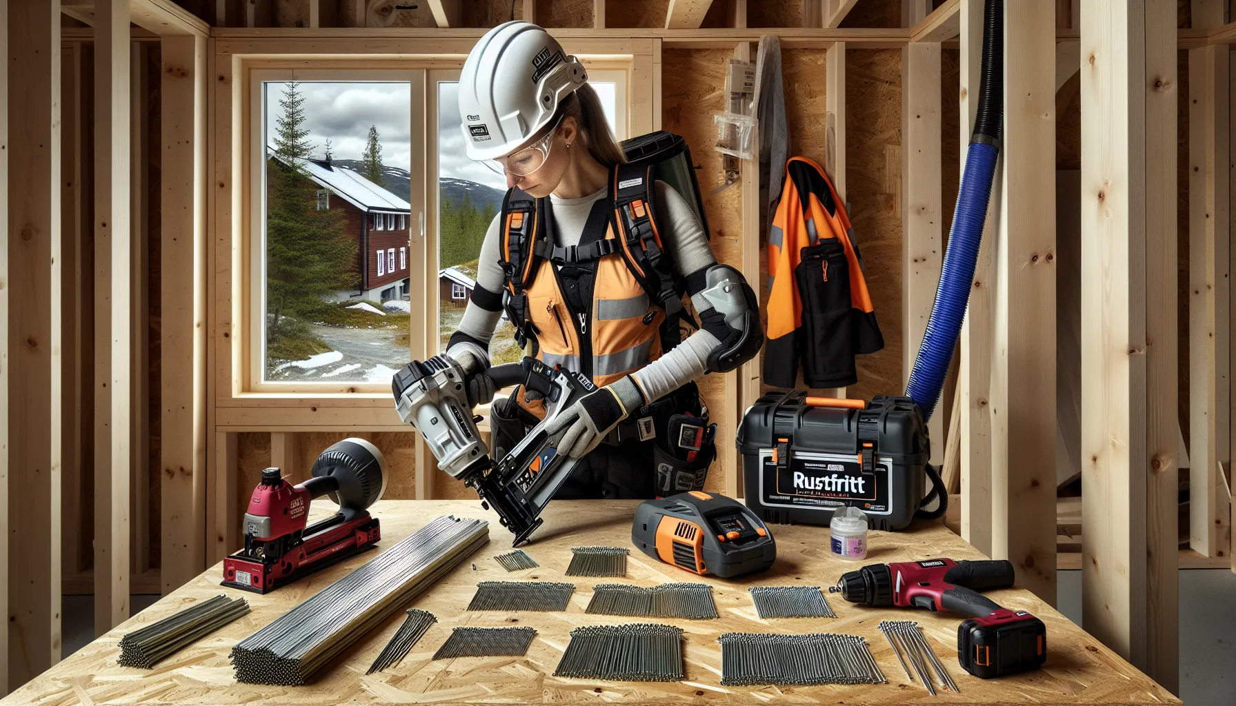 Norwegian carpenter compares pneumatic, battery, and gas nail guns safely on-site.