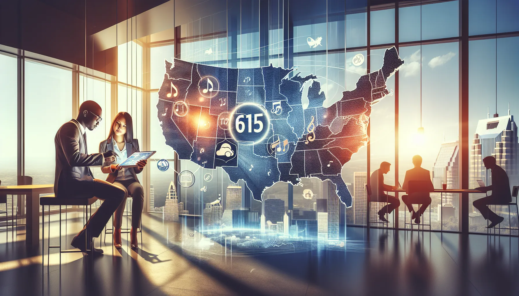 Digital map highlighting area code 615 with professionals discussing it.