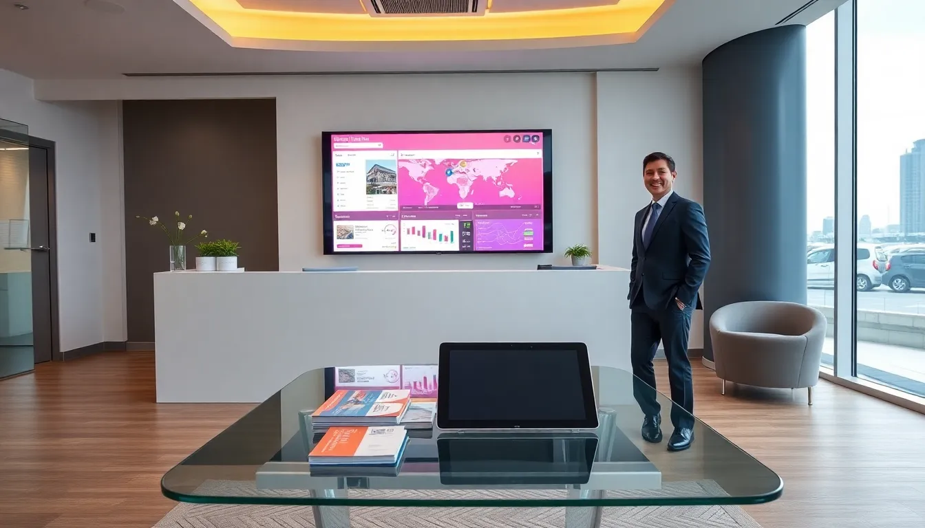 friendly professional in a modern real estate office with digital displays.